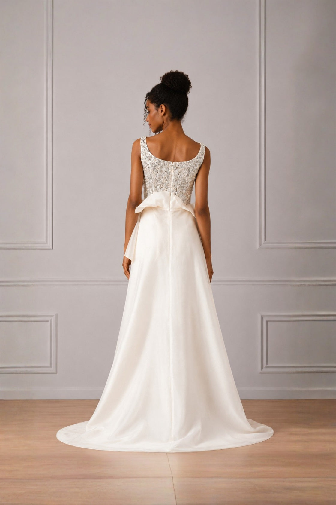 Ivory Silver Embroidered Peplum Top With Pleat Highlight And Trail Attached & Straight Pant Set