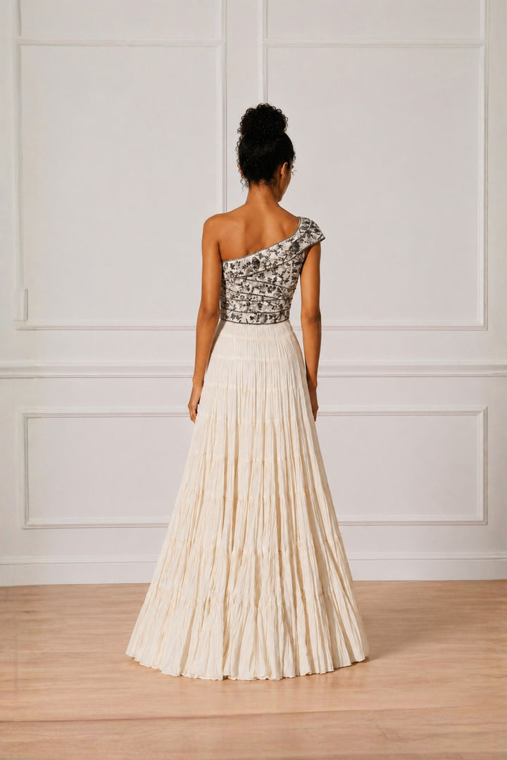 Ivory Silver Embroidered One-Side Shoulder Dress With Tier Dress