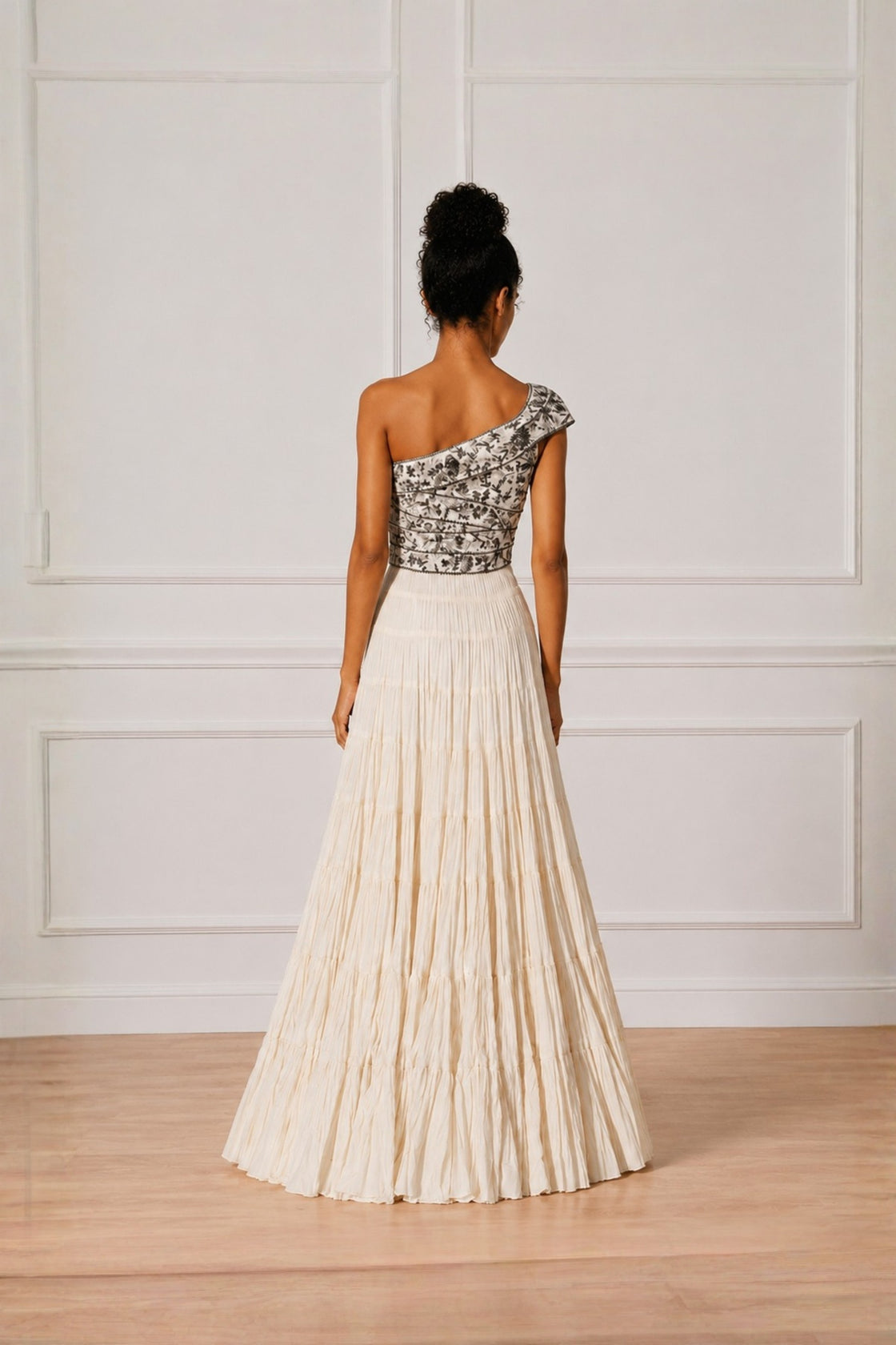 Ivory Silver Embroidered One-Side Shoulder Dress With Tier Dress