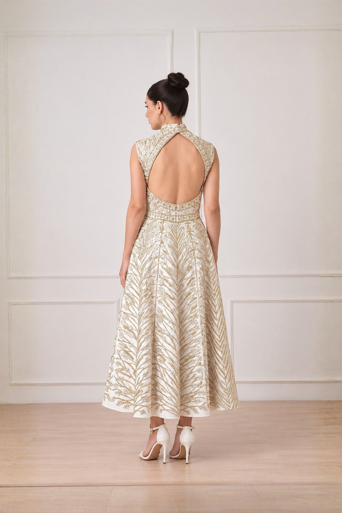Ivory Metallic  Embroidered A-Line  Dress