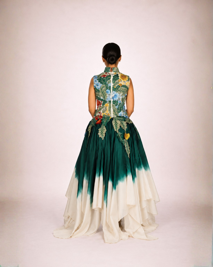 Cotton-Silk Ombre Gown In Ivory And Green