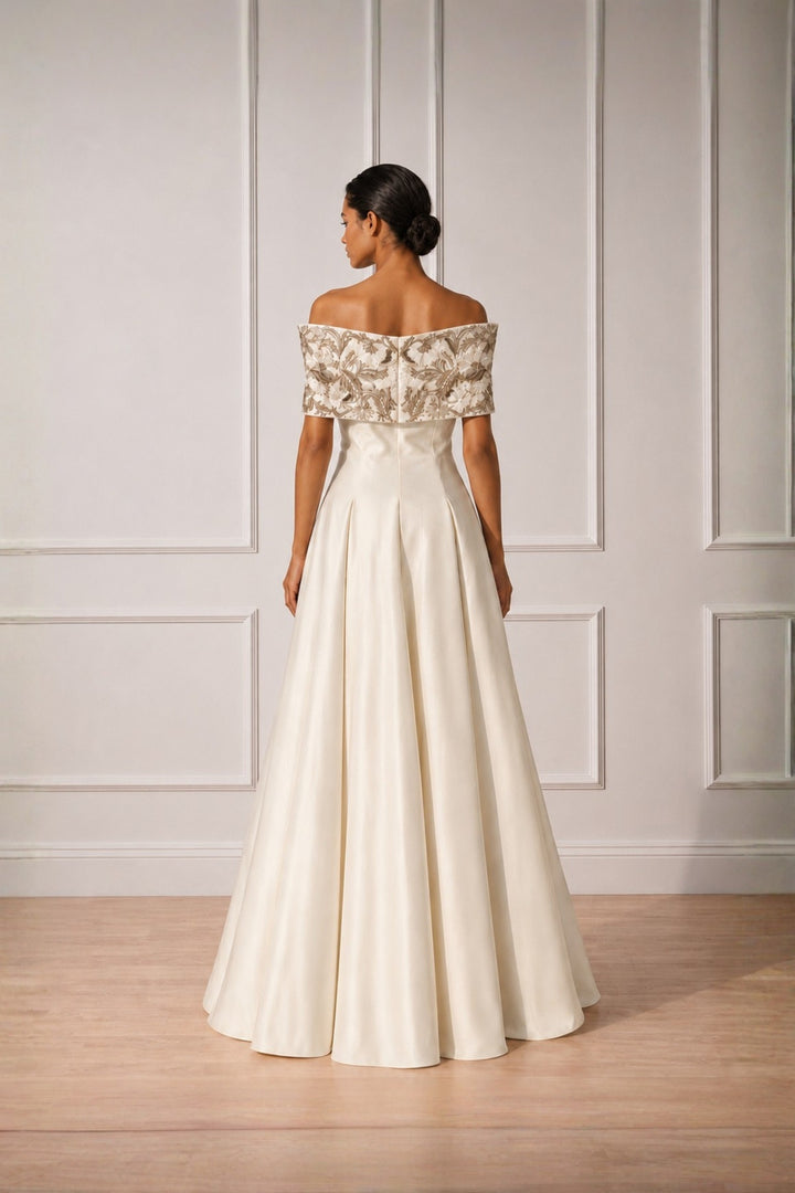 Ivory Off Shoulder Front Open Embroidered Panelled Gown