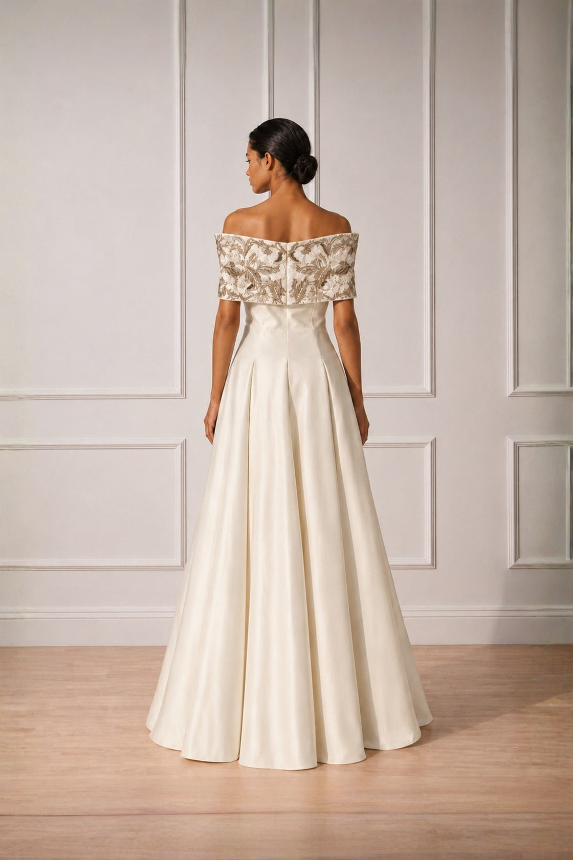 Ivory Off Shoulder Front Open Embroidered Panelled Gown