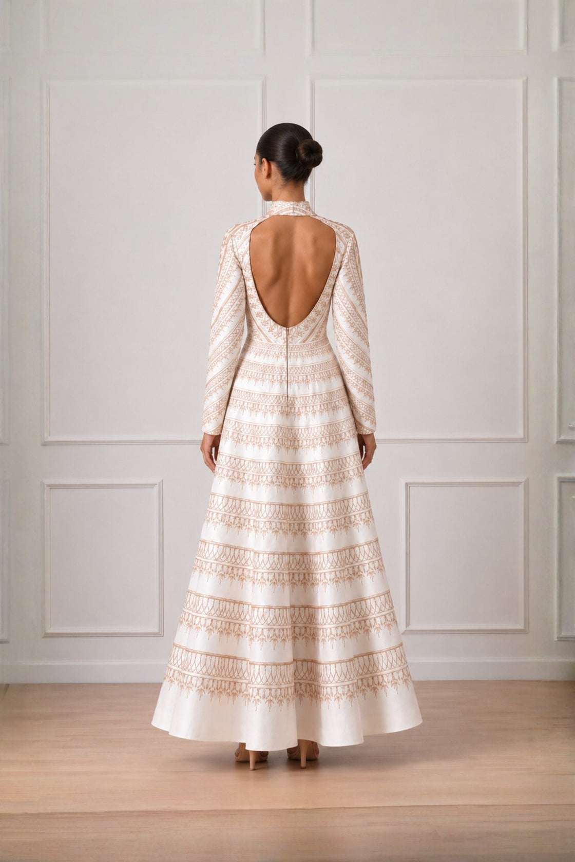Ivory High Neck Silver Threadwork  Embroidered Dress