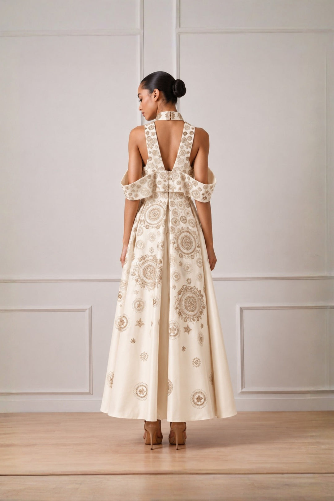 Ivory Embroidered Cold Shoulder Geometric Dress
