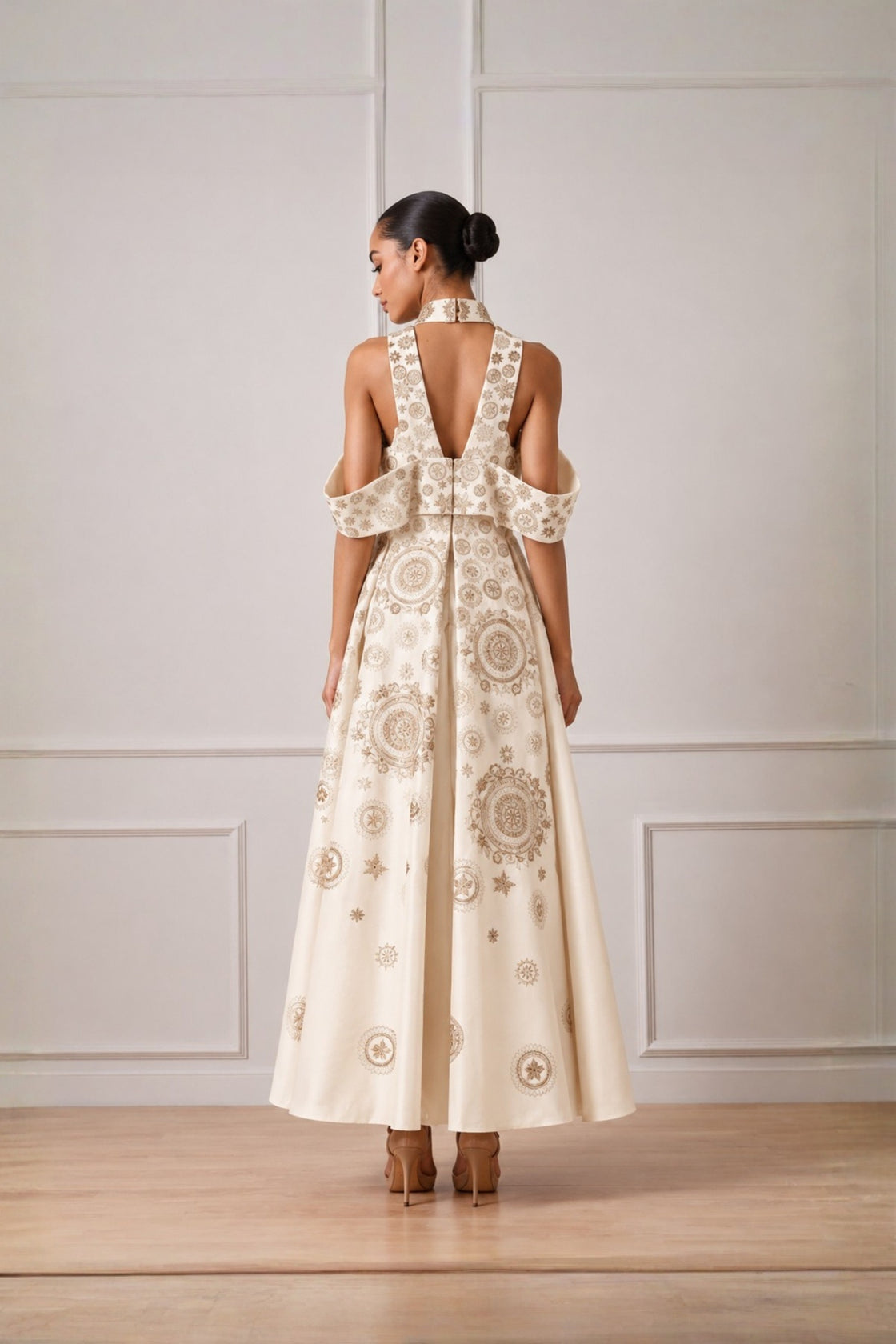 Ivory Embroidered Cold Shoulder Geometric Dress