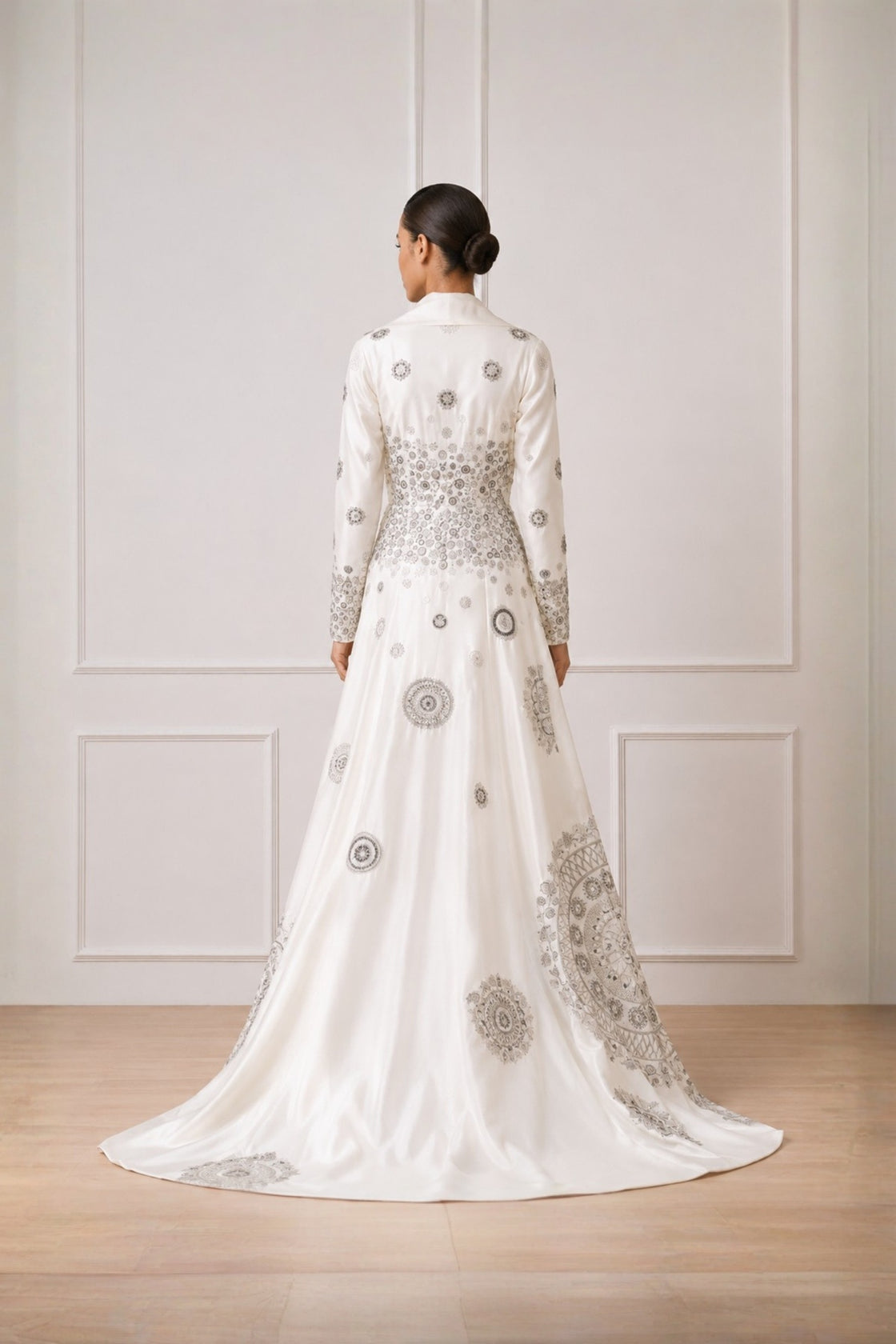 Ivory Mandala Inspired Embroidered Statement Overlay Jacket Dress