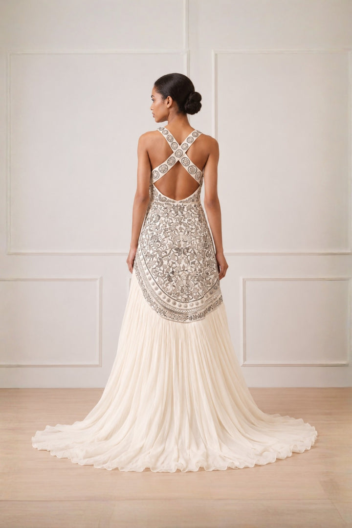 Ivory Asymmetric High Low Gather Dress With Silver Threadwork Highlight In Bodice
