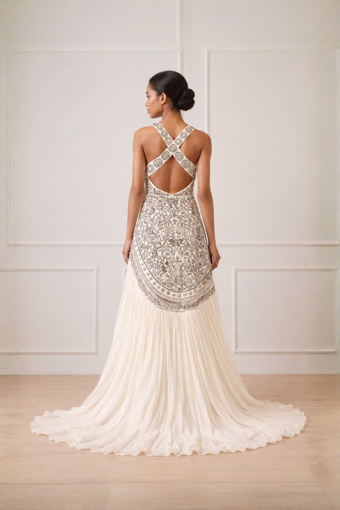 Ivory Asymmetric High Low Gather Dress With Silver Threadwork Highlight In Bodice