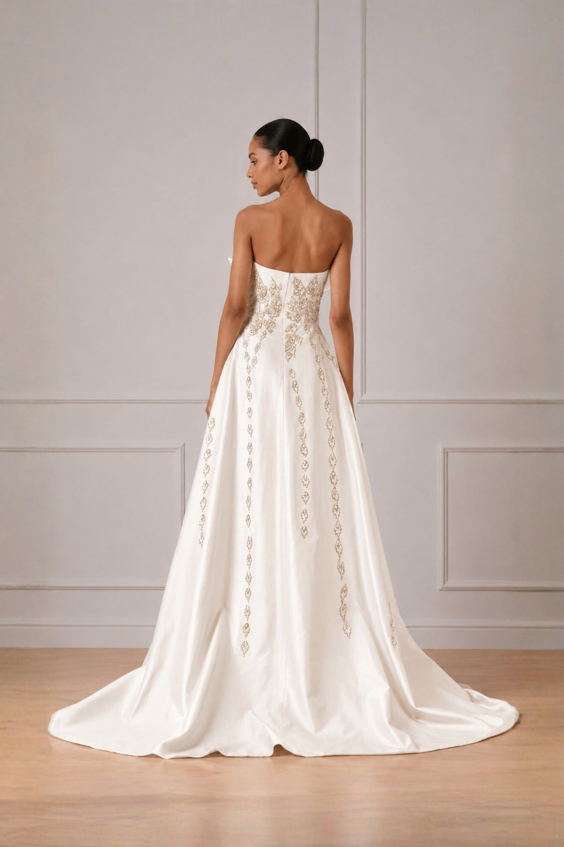 Ivory Silver Threadwork Highlight Off Shoulder Cascade Gown With Back Trail