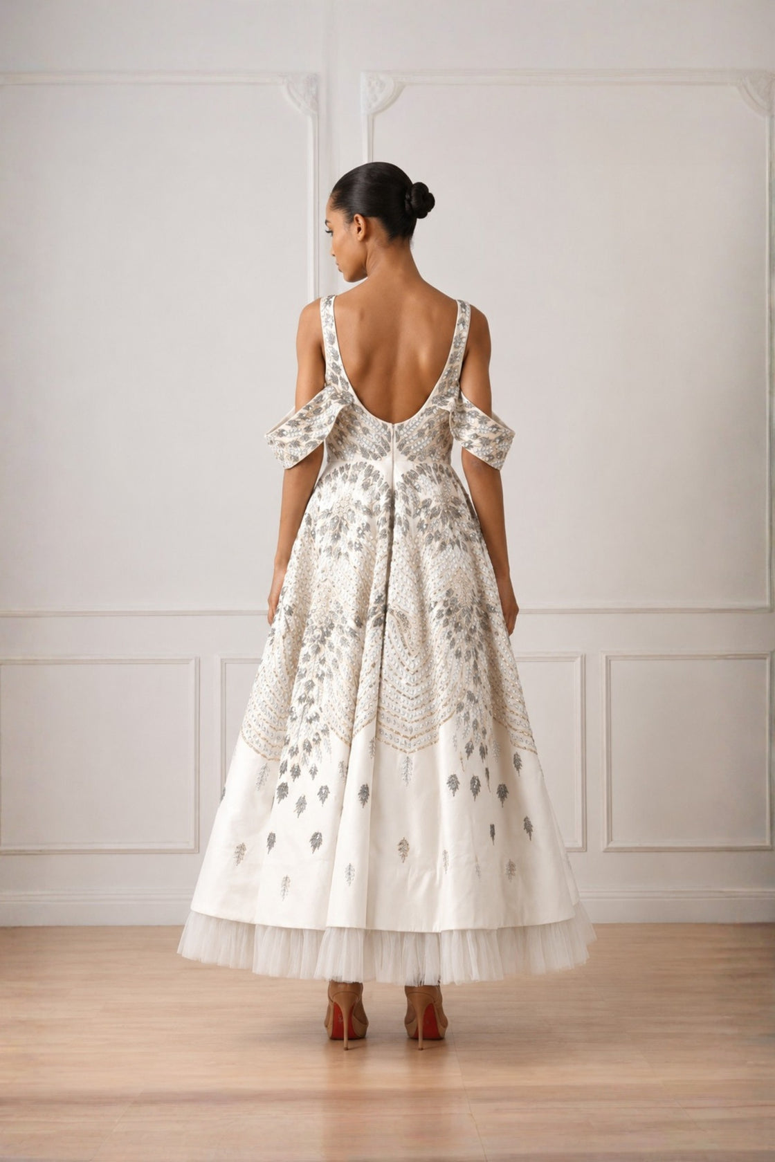 Ivory Crystal Embellished Layered Drop Shoulder Dress
