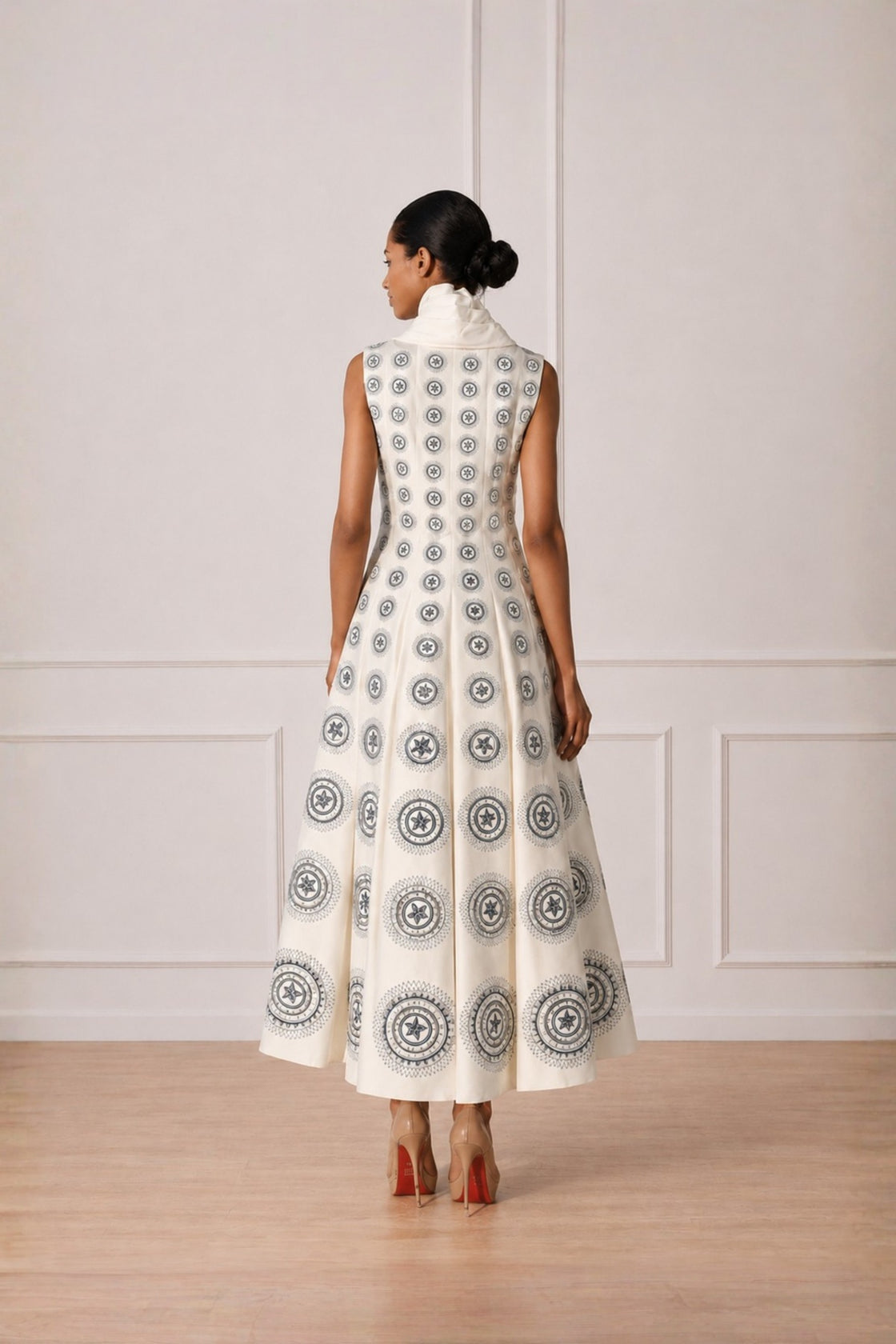 Ivory Cowl Neck Pleated Maxi Dress With Motif Embroidery Highlight