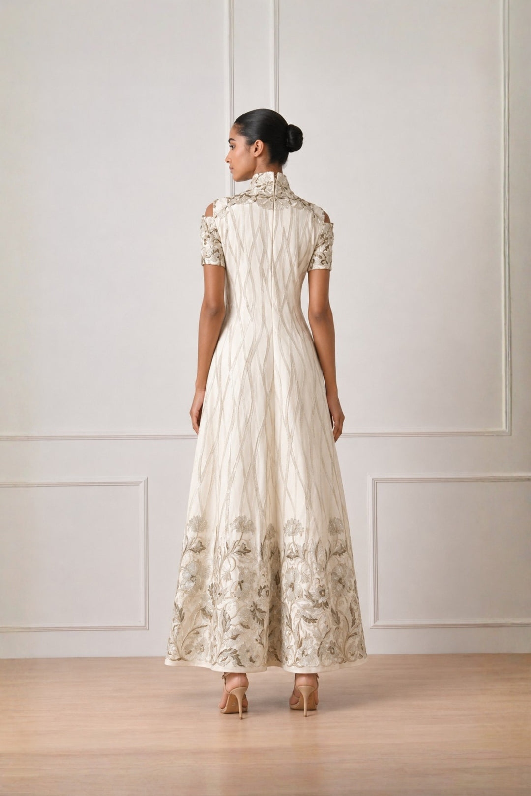 Ivory High Neck  Contrasting Silver Embroidered Dress