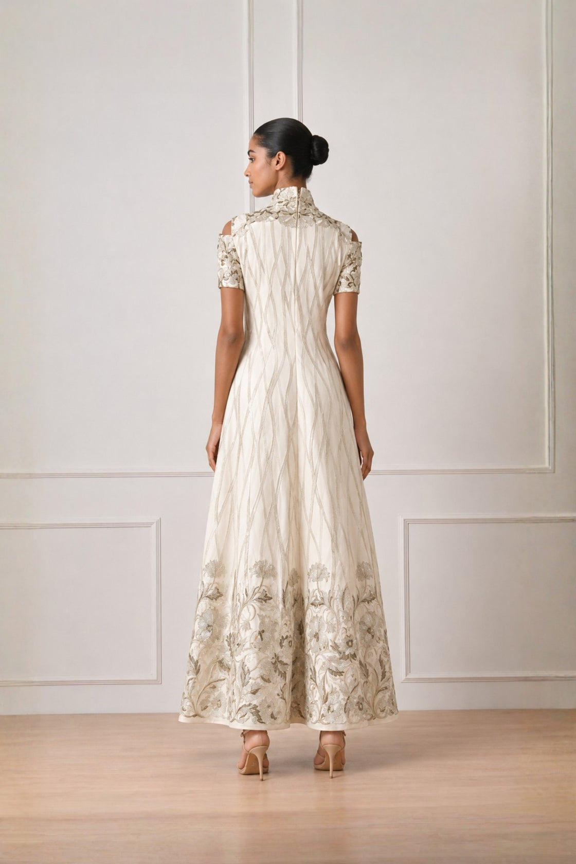 Ivory High Neck  Contrasting Silver Embroidered Dress