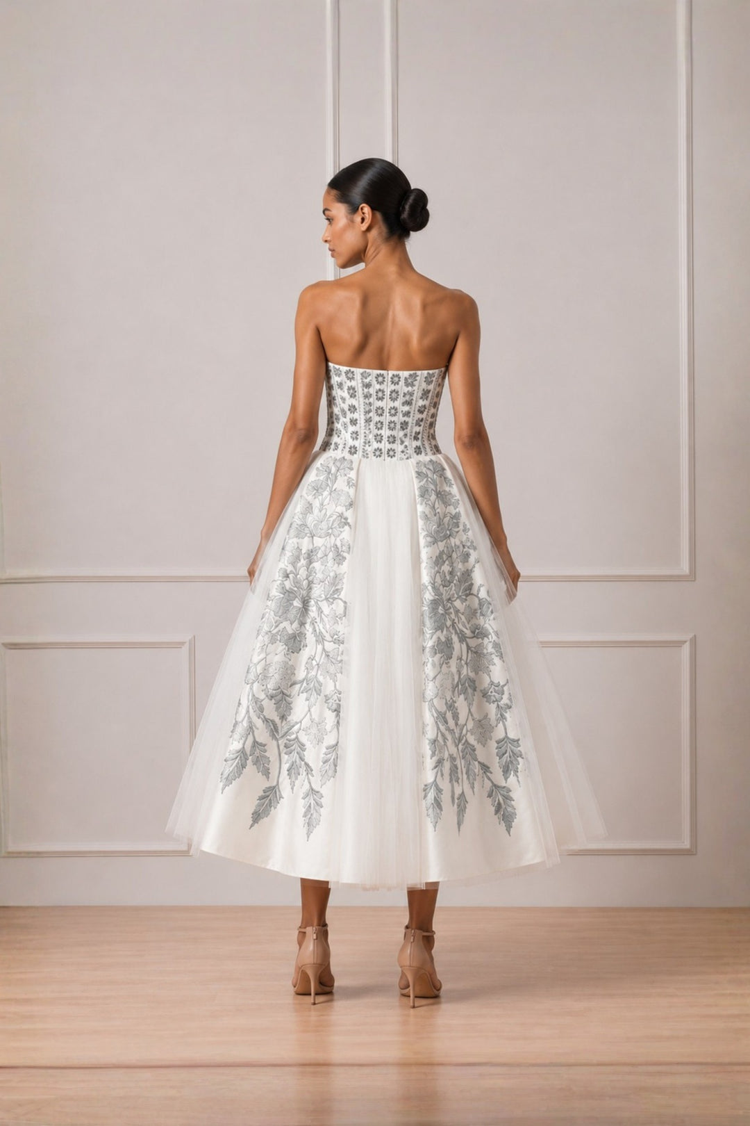 Pearl Ivory Contrasting Silver Botanical Embroidered Off Shoulder Dress