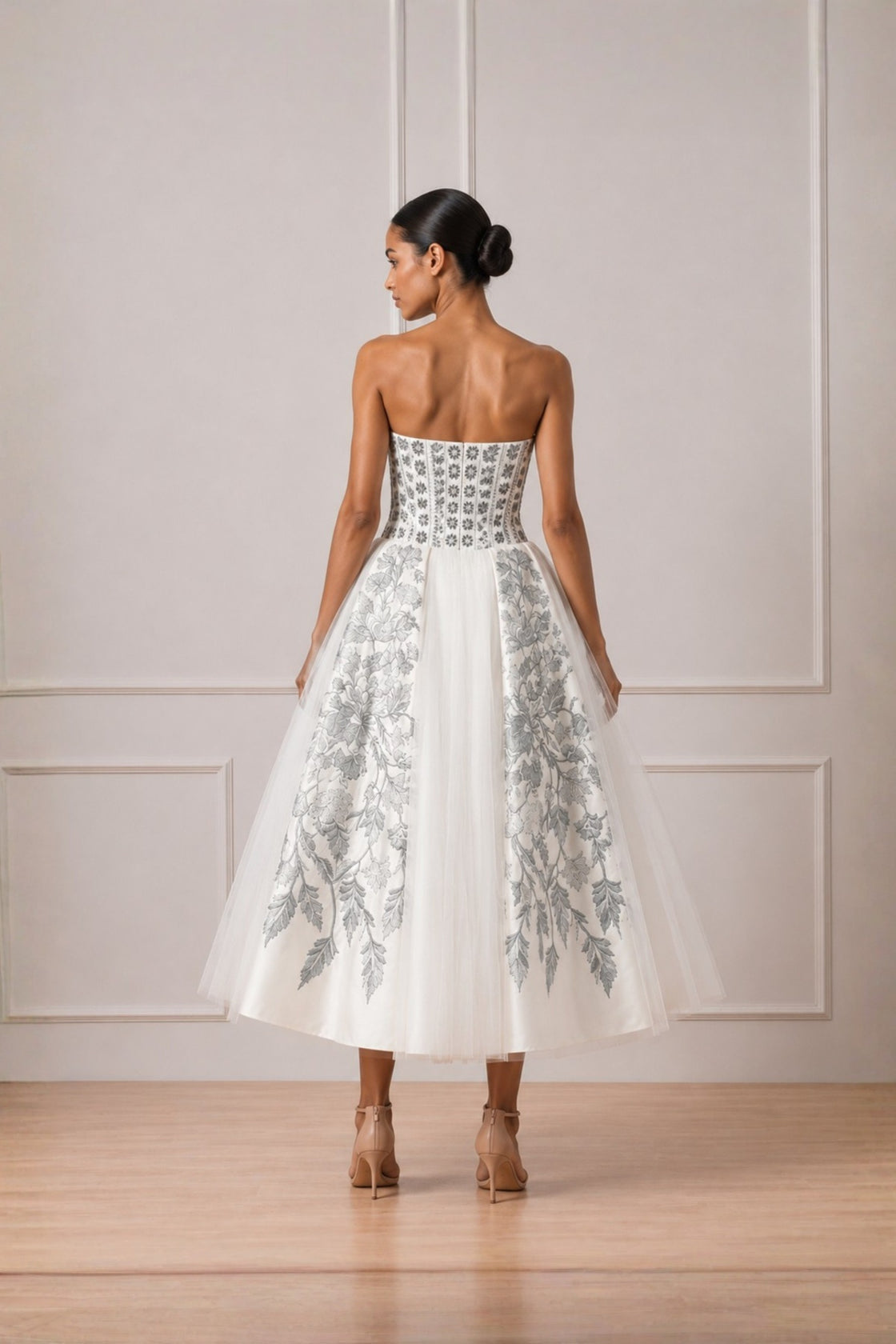 Pearl Ivory Contrasting Silver Botanical Embroidered Off Shoulder Dress