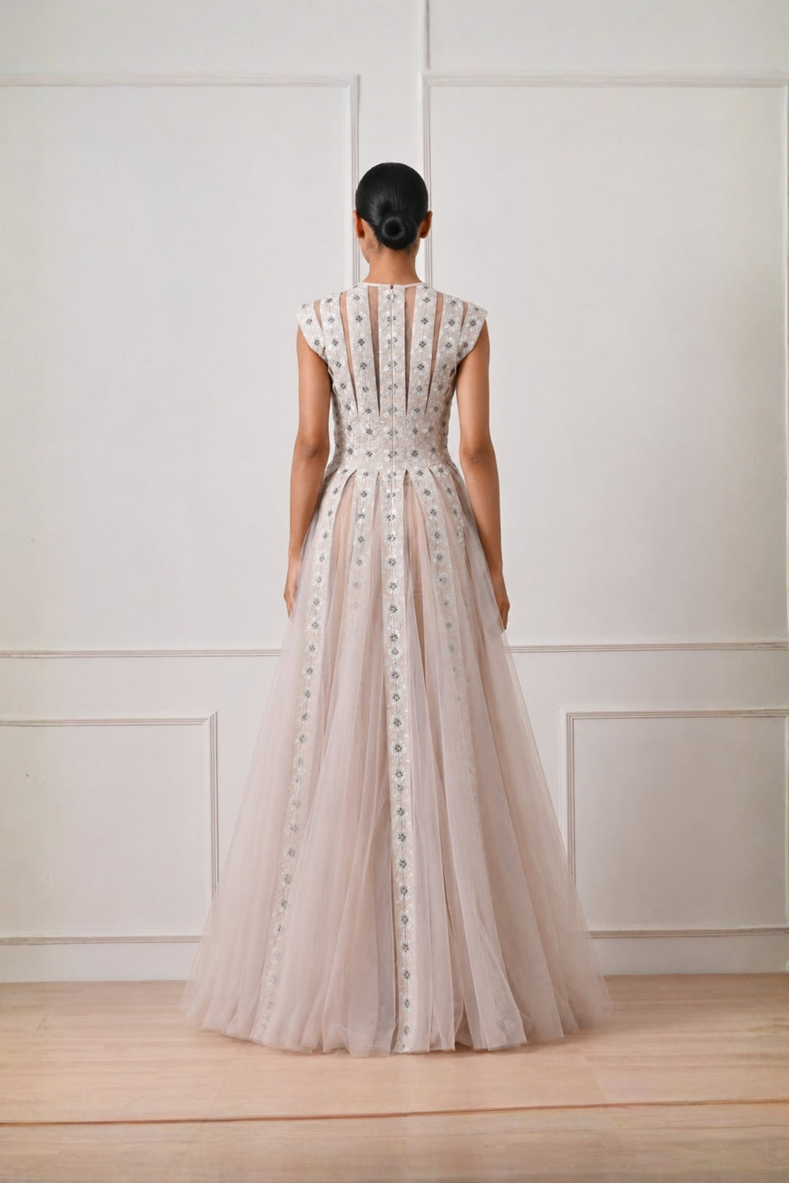 Pink Grey Threadwork Embroidered Dress With Tulle Flare