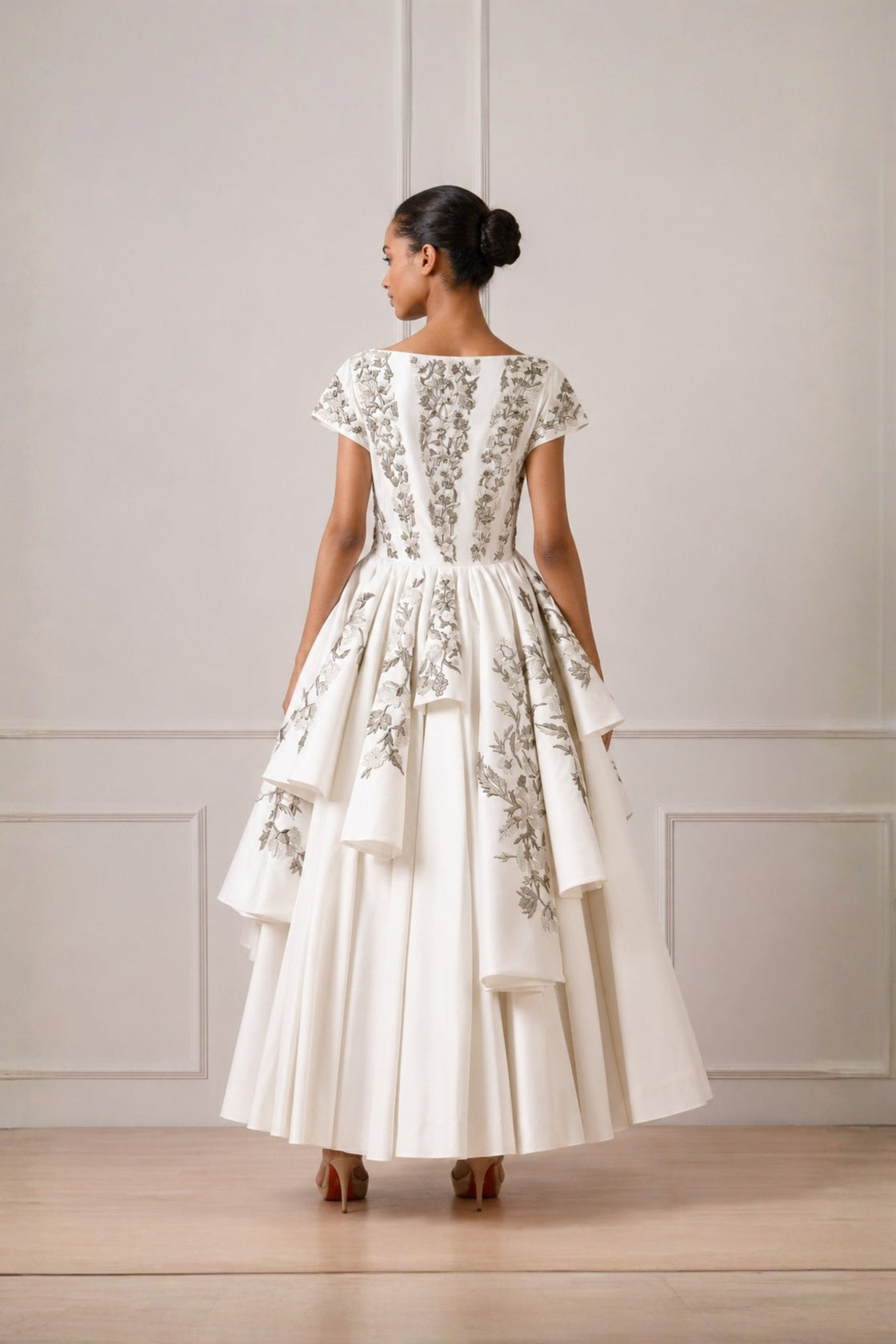 Ivory Threadwork Flared High Low Panel Highlight  Gown