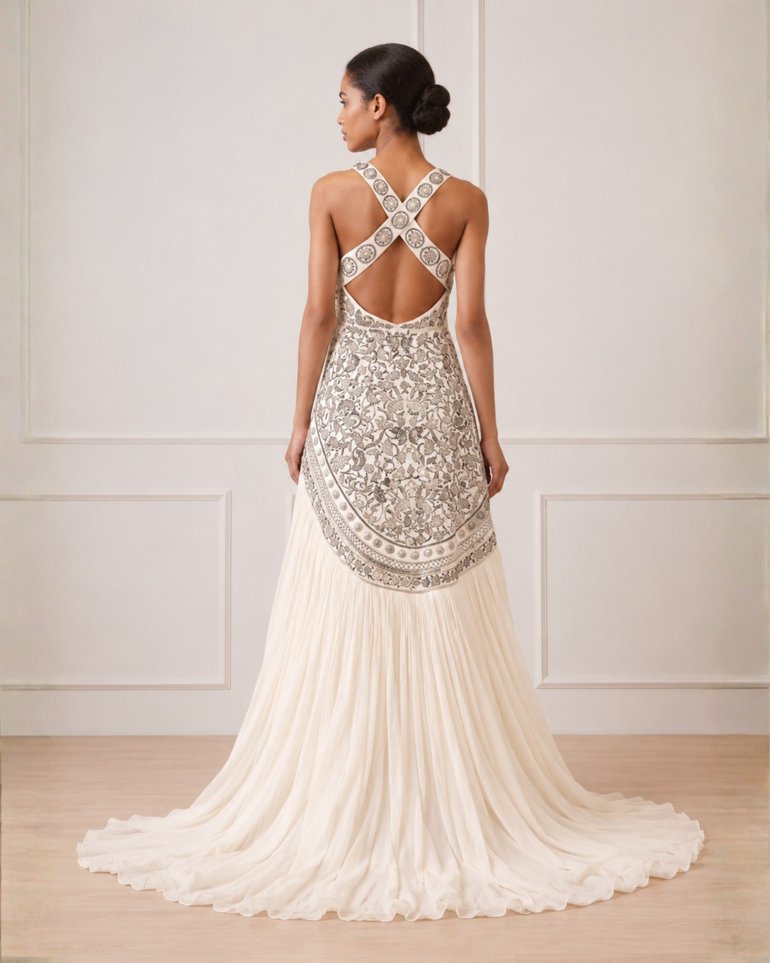 Asymmetrical high-low embroidered gown