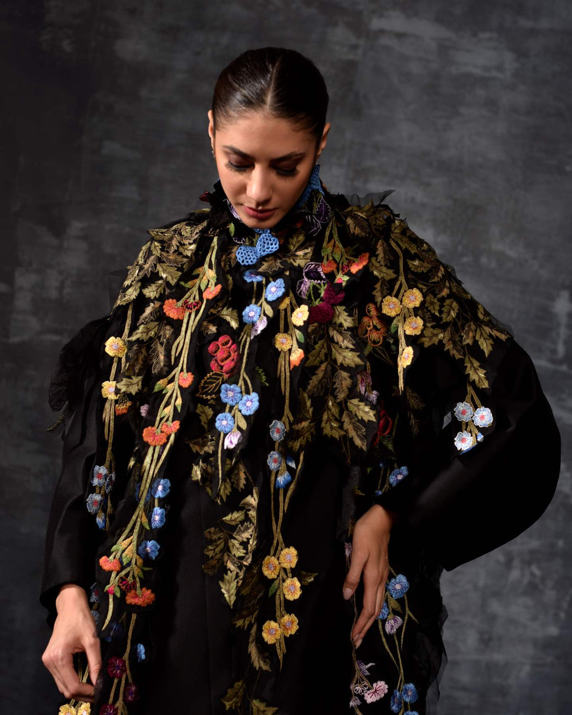 Black Embellished Cape Dress - samantchauhan Apparel & Accessories