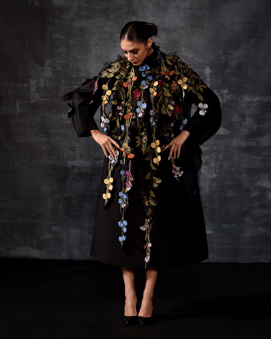 Black Embellished Cape Dress - samantchauhan Apparel & Accessories