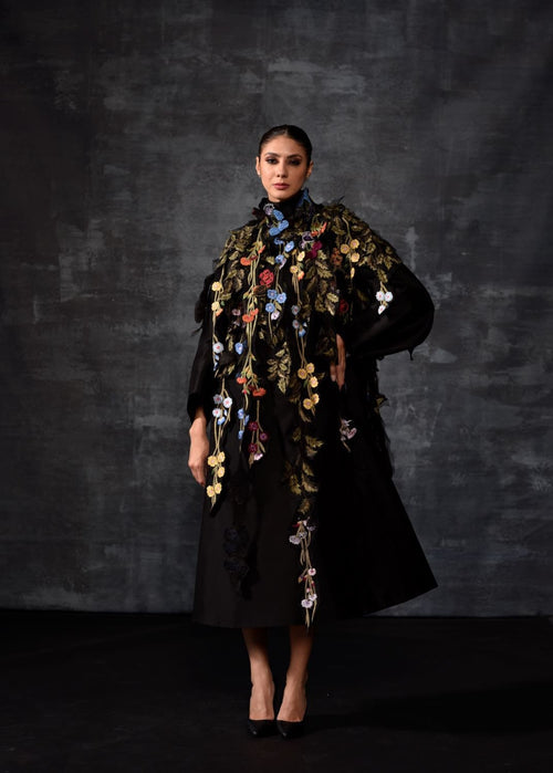 Black Embellished Cape Dress - samantchauhan Apparel & Accessories