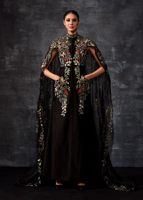 Black Embroidered Cape Gown - samantchauhan Apparel & Accessories