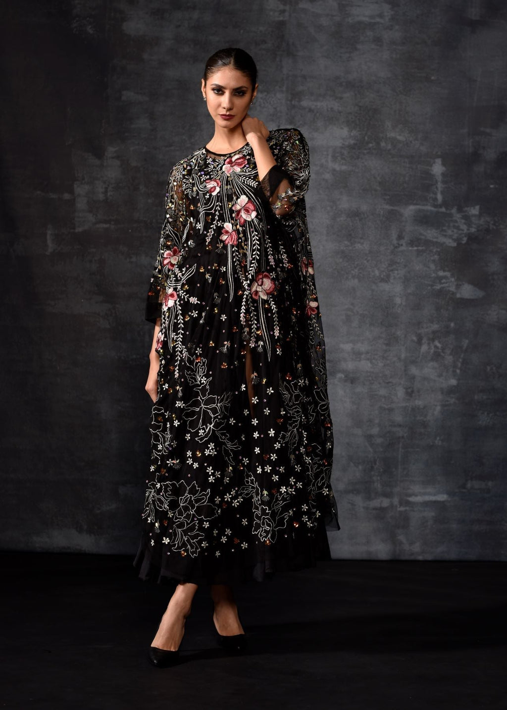 Black Floral Embroidered kaftan - samantchauhan Apparel & Accessories
