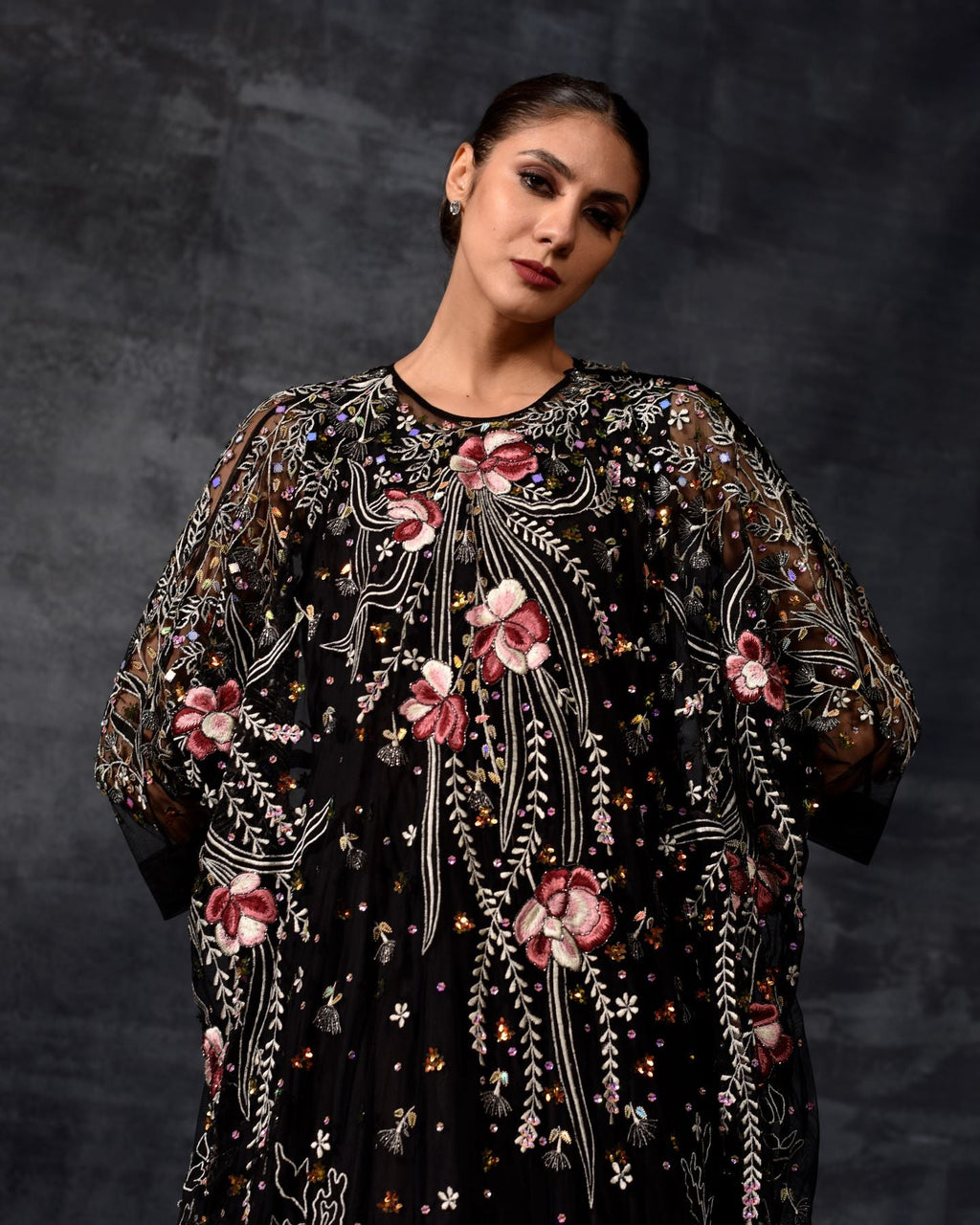 Black Floral Embroidered kaftan - samantchauhan Apparel & Accessories