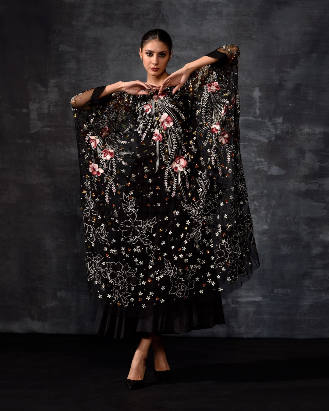 Black Floral Embroidered kaftan - samantchauhan Apparel &amp; Accessories