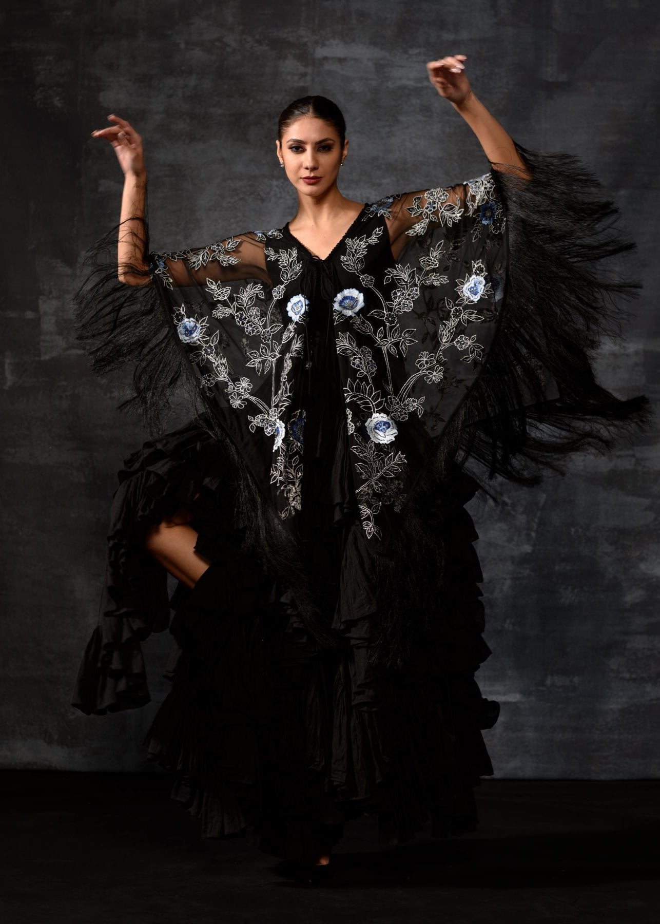 Black Fringe Embroidered Kaftan Gown - samantchauhan Apparel & Accessories