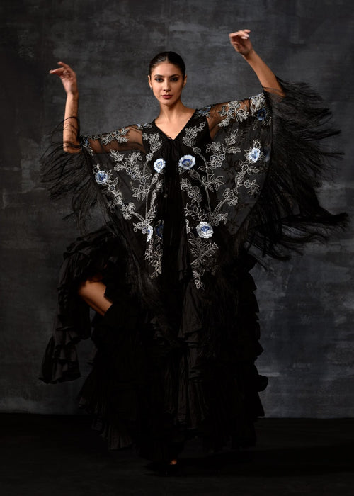 Black Fringe Embroidered Kaftan Gown - samantchauhan Apparel & Accessories