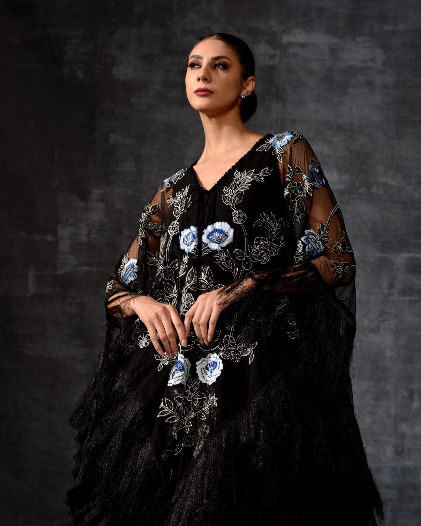 Black Fringe Embroidered Kaftan Gown - samantchauhan Apparel & Accessories