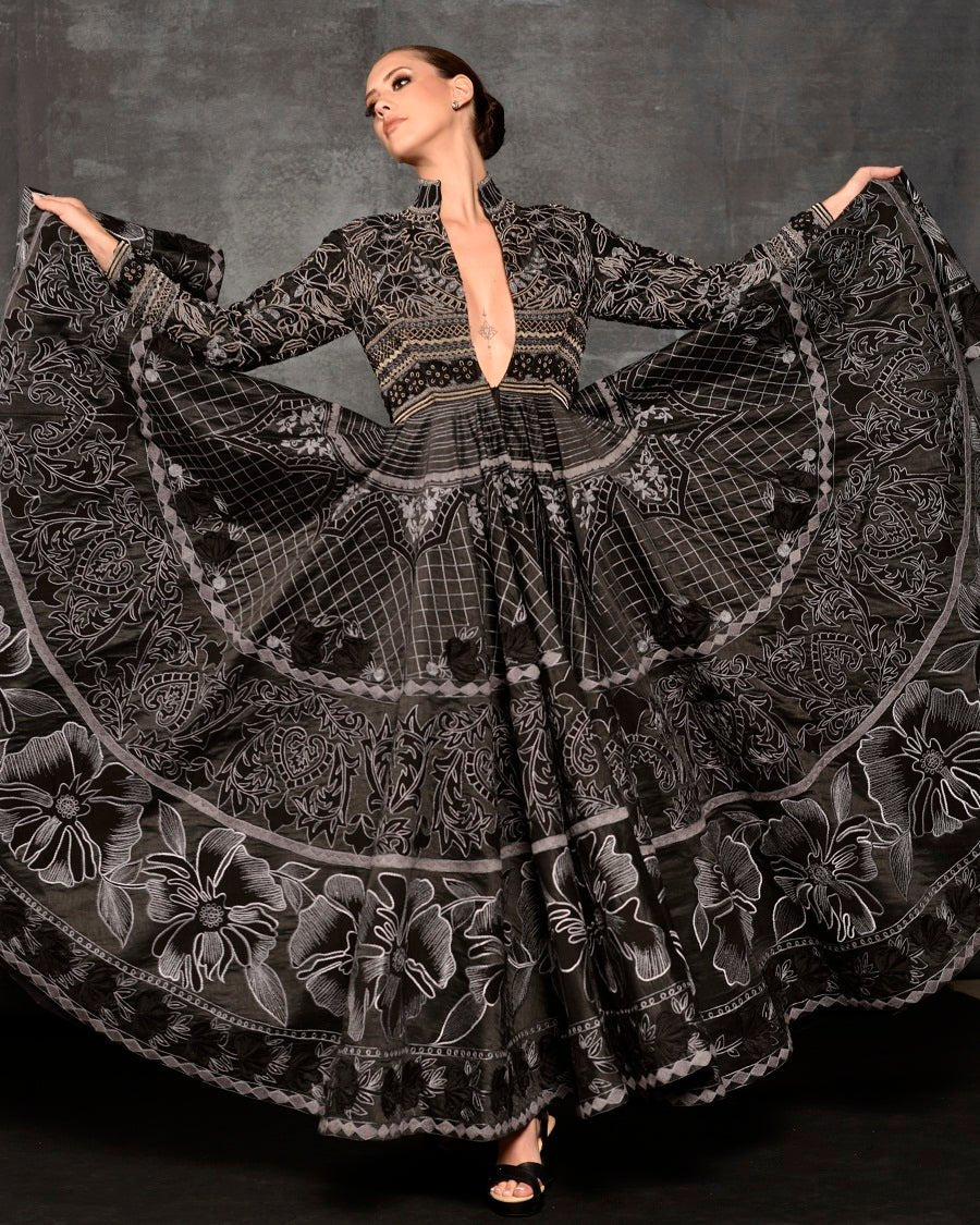 Black gown adorned with silk thread embroidery - samantchauhan Apparel & Accessories