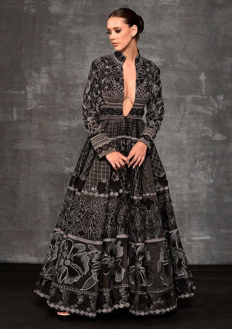 Black gown adorned with silk thread embroidery - samantchauhan Apparel & Accessories