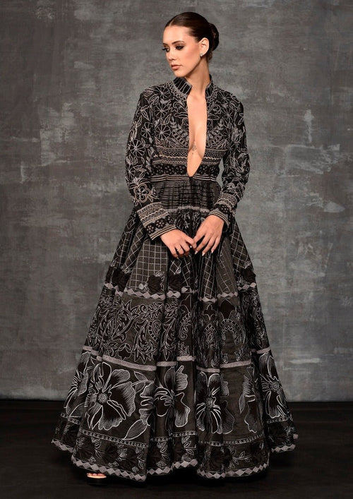 Black gown adorned with silk thread embroidery - samantchauhan Apparel & Accessories