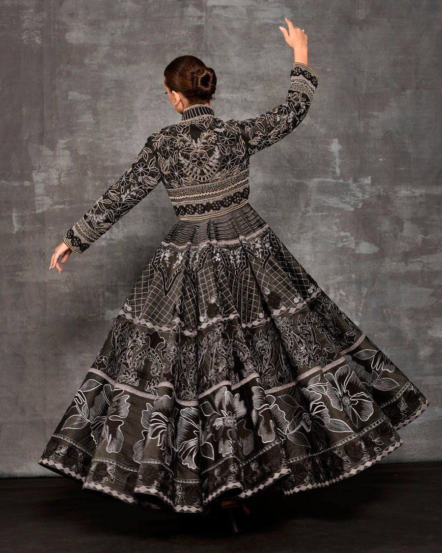 Black gown adorned with silk thread embroidery - samantchauhan Apparel & Accessories