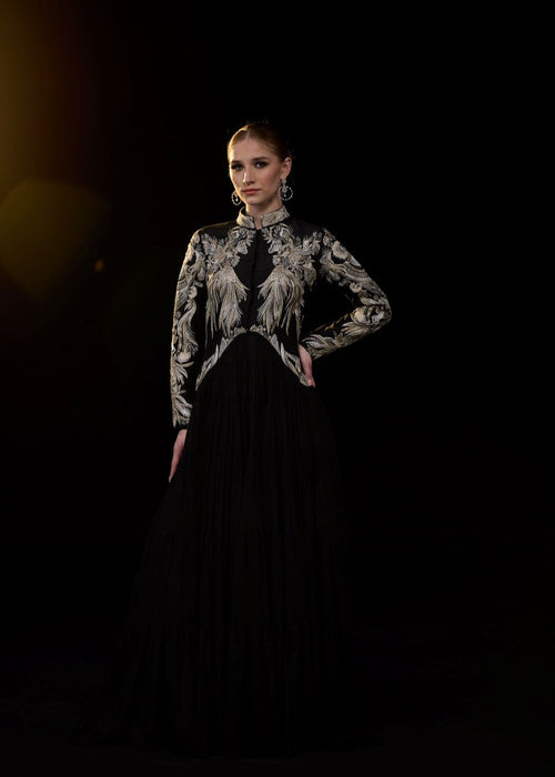 Black Gown with Metallic gold Embroidery.