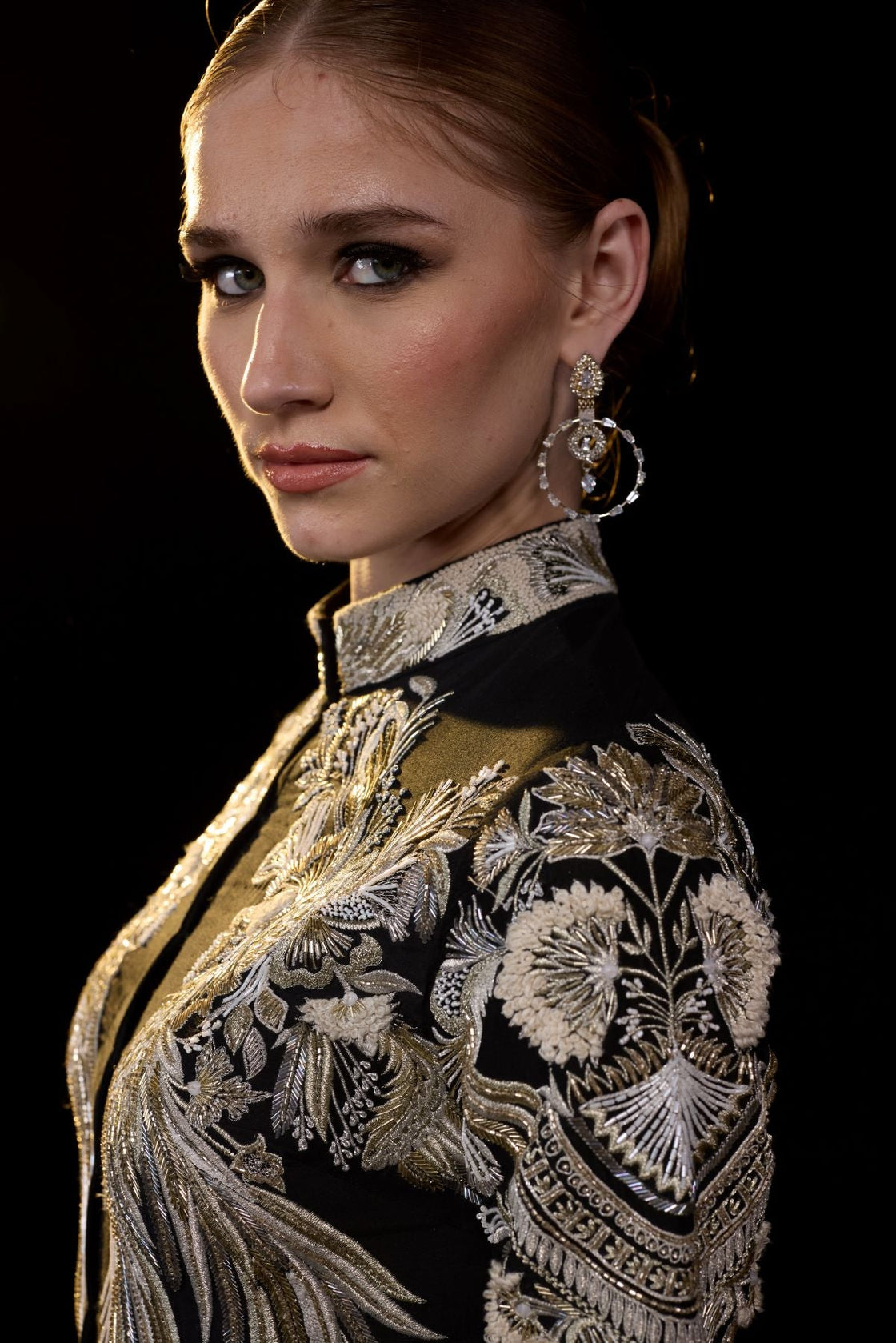 Black Gown with Metallic gold Embroidery.