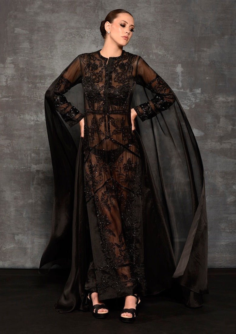 Black organza silk sheer kurta dress with attached trail - samantchauhan Apparel & Accessories