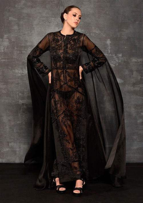 Black organza silk sheer kurta dress with attached trail - samantchauhan Apparel & Accessories