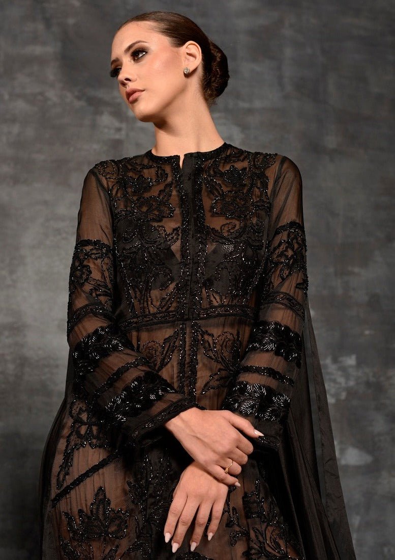 Black organza silk sheer kurta dress with attached trail - samantchauhan Apparel & Accessories