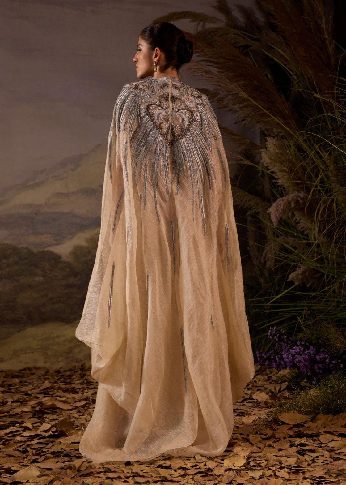 Champagne Draped Cape Gown with Ornate Silver Embroidery - samantchauhan Apparel & Accessories