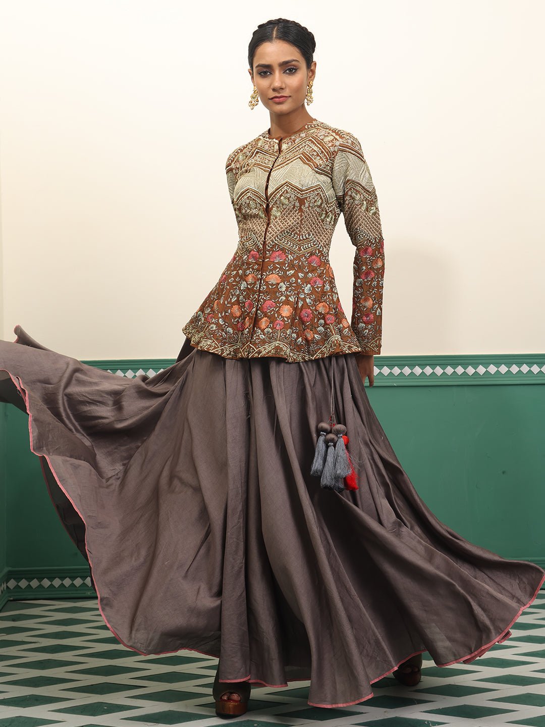 Chanderi silk peplum top with skirt - samantchauhan Apparel & Accessories