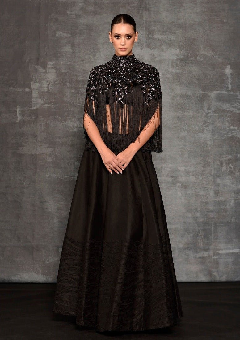 Chic black top adorned by silver and pearl embroidery - samantchauhan Apparel & Accessories