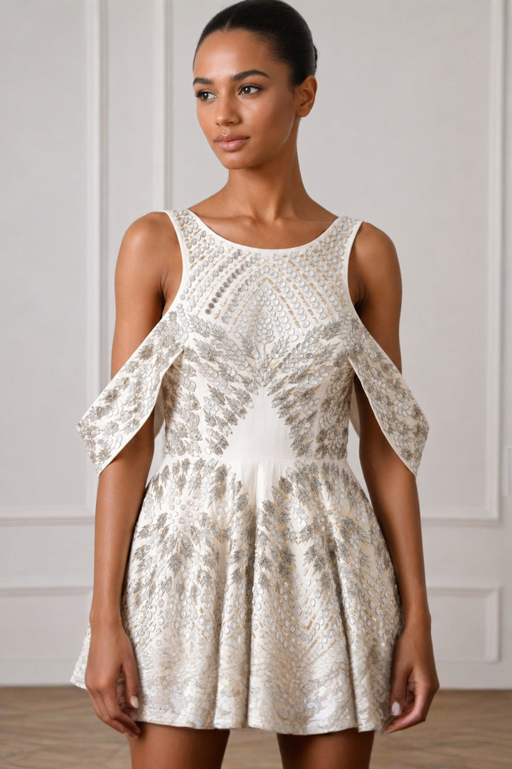Ivory Crystal Embellished Layered Drop Shoulder Dress