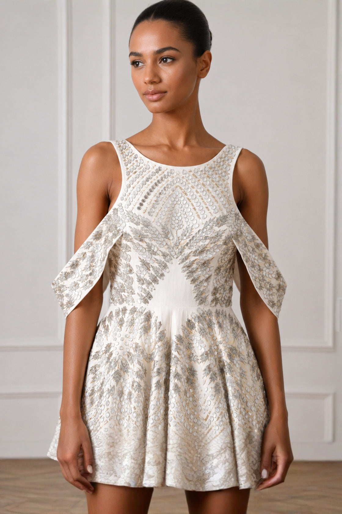 Ivory Crystal Embellished Layered Drop Shoulder Dress