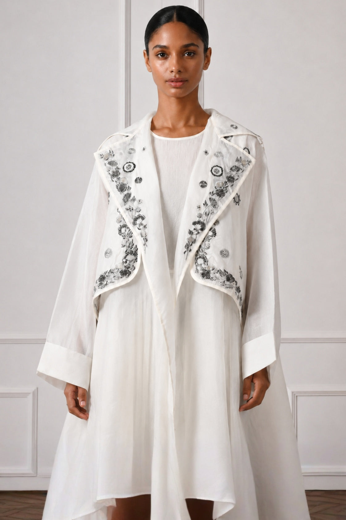 Ivory Embroidered Overlay Jacket With Plain Dress