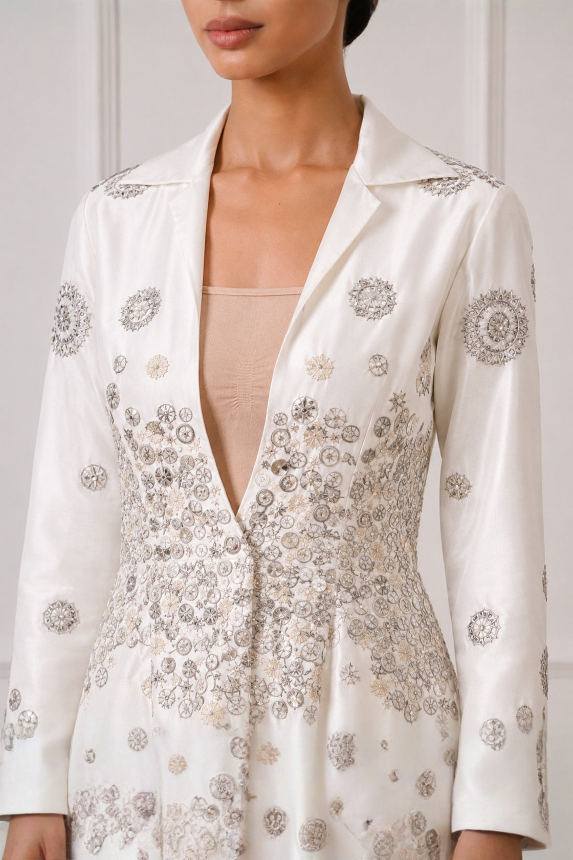 Ivory Mandala Inspired Embroidered Statement Overlay Jacket Dress