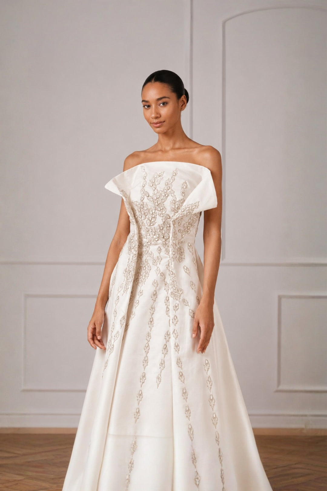 Ivory Silver Threadwork Highlight Off Shoulder Cascade Gown With Back Trail